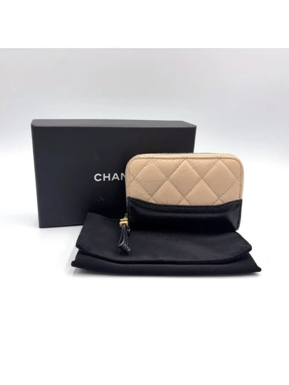 Chanel Gabrielle Leather Black Beige Coin Purse Silver